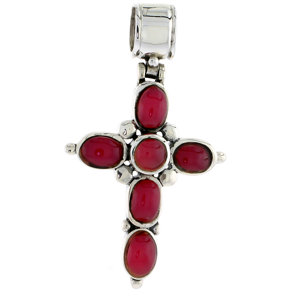 Sterling Silver Oxidized Cross Pendant, w/ 4mm Round & Five 5 x 4 mm Oval-shaped Red Resin, 1 1/16" (28 mm) tall