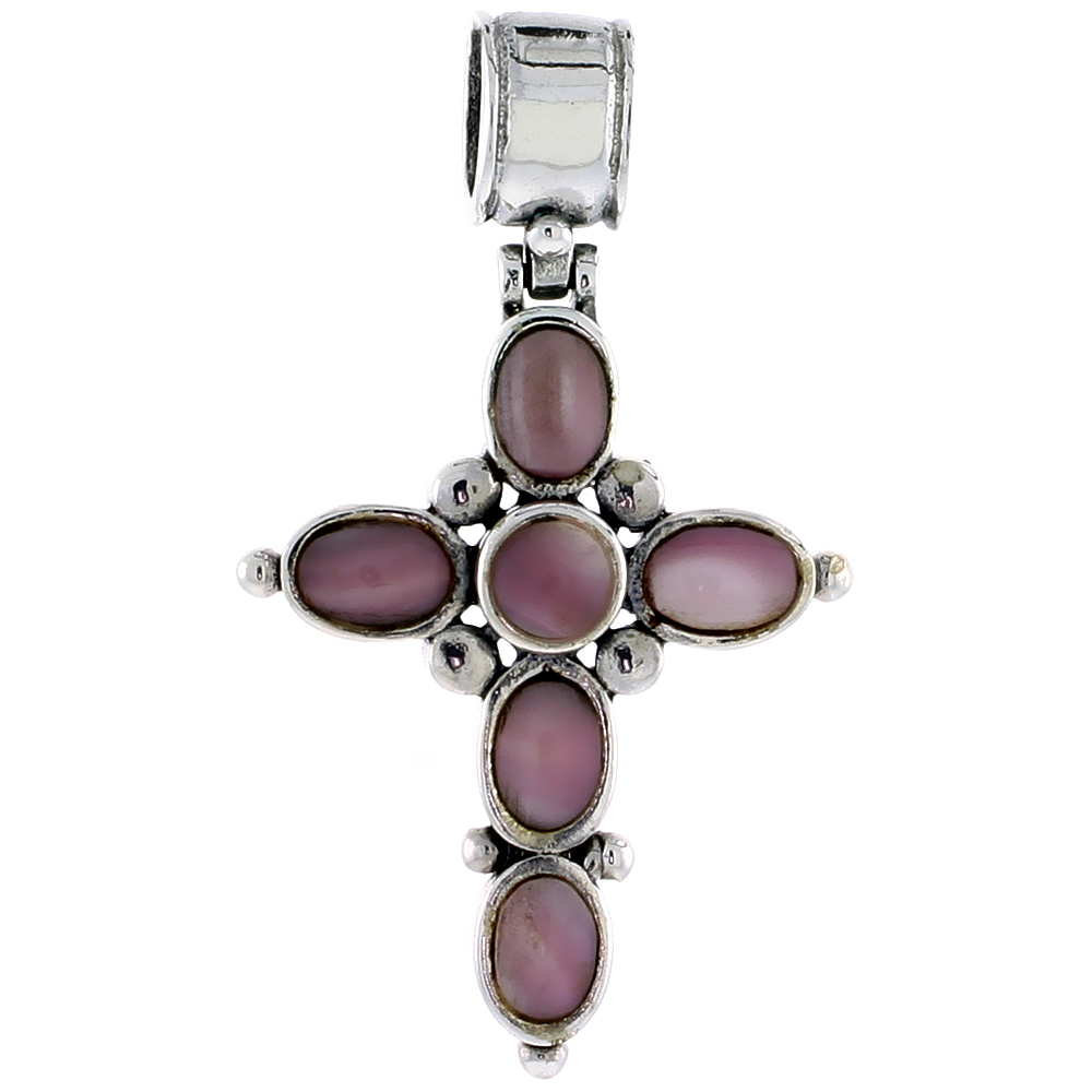 Sterling Silver Oxidized Cross Pendant, w/ 4mm Round & Five 5 x 4 mm Oval-shaped Pink Mother of Pearls, 1 1/16" (28 mm) tall