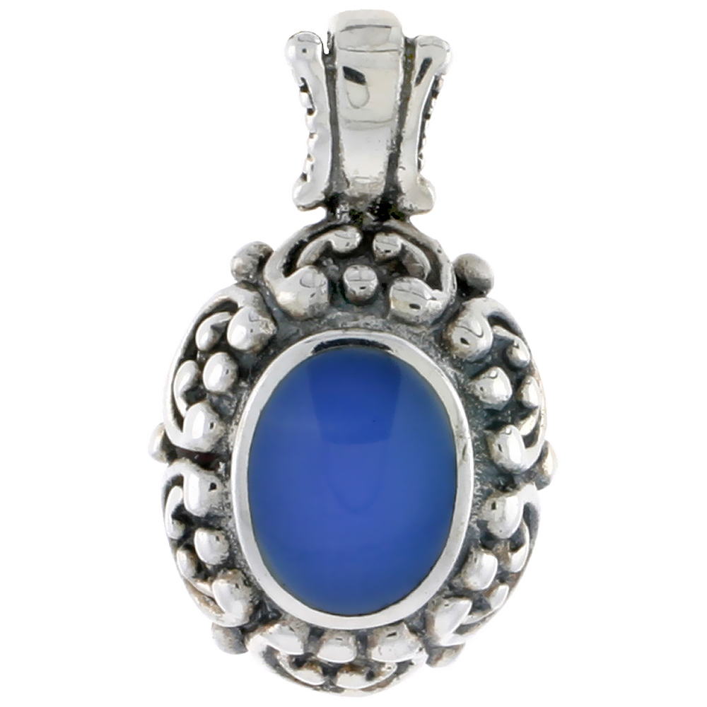 Sterling Silver Oxidized Pendant, w/ 11 x 9 mm Oval-shaped Blue Resin, 1 1/16&quot; (27 mm) tall
