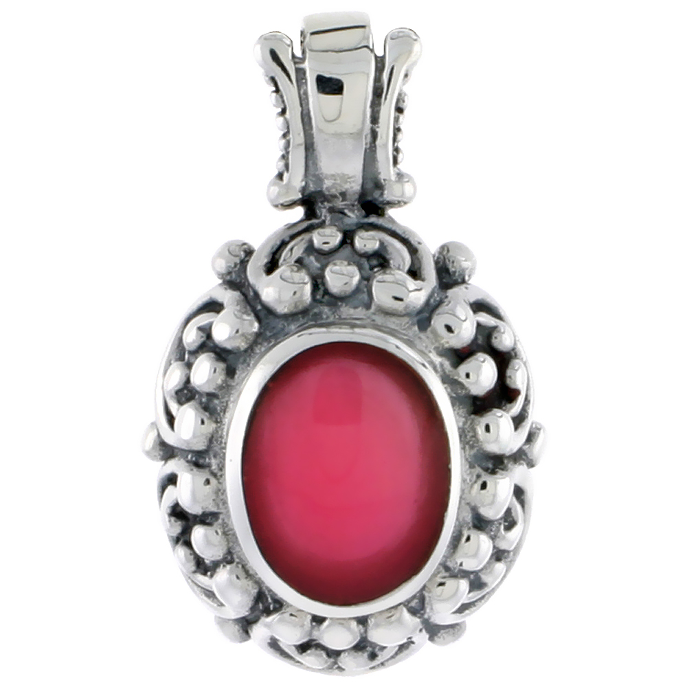 Sterling Silver Oxidized Pendant, w/ 11 x 9 mm Oval-shaped Red Resin, 1 1/16&quot; (27 mm) tall