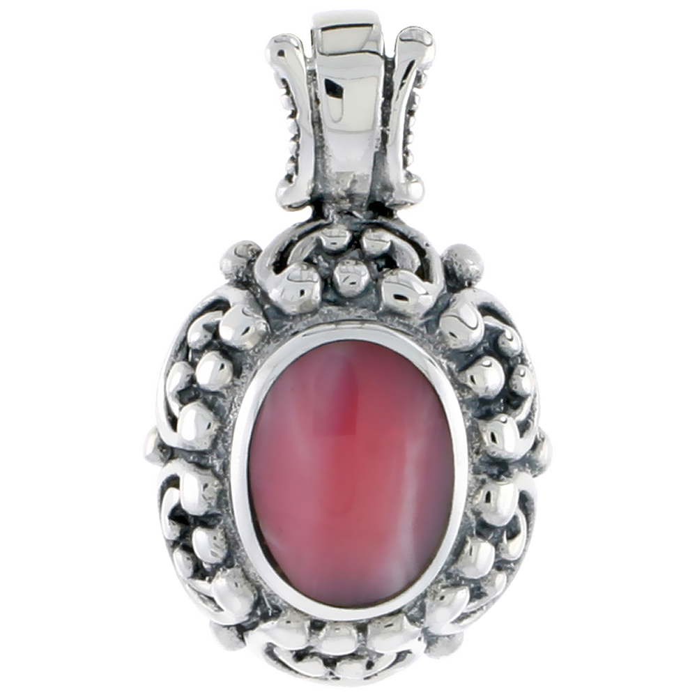 Sterling Silver Oxidized Pendant, w/ 11 x 9 mm Oval-shaped Pink Mother of Pearl, 1 1/16" (27 mm) tall