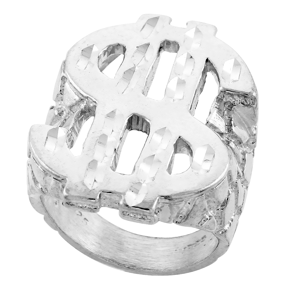 Sterling Silver Dollar Sign Ring Diamond Cut Finish 1 5/16 inch wide, sizes 8 - 13