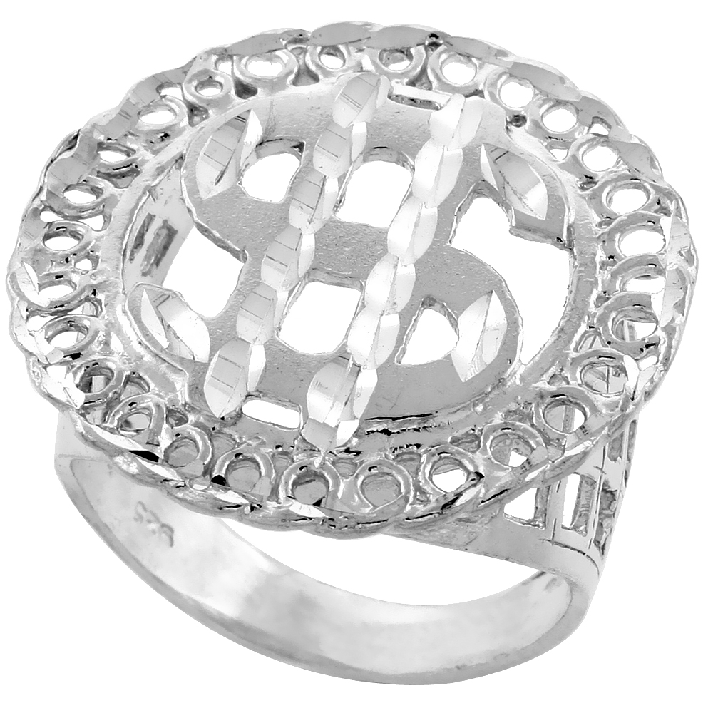 Sterling Silver Dollar Sign Ring Endless Circles Border Diamond Cut Finish 1 1/16 inch wide, sizes 8 - 13