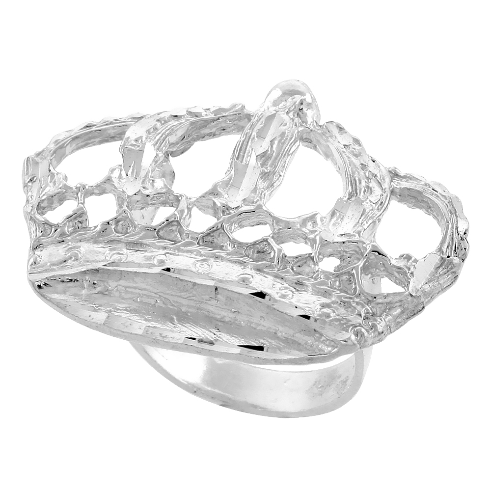 Sterling Silver Crown Ring Diamond Cut Finish 1 1/16 inch wide, sizes 8 - 13