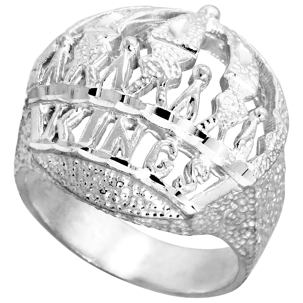 Sterling Silver Kings Crown Ring Large Domed Diamond Cut Finish 1 1/16 inch wide, sizes 8 - 13