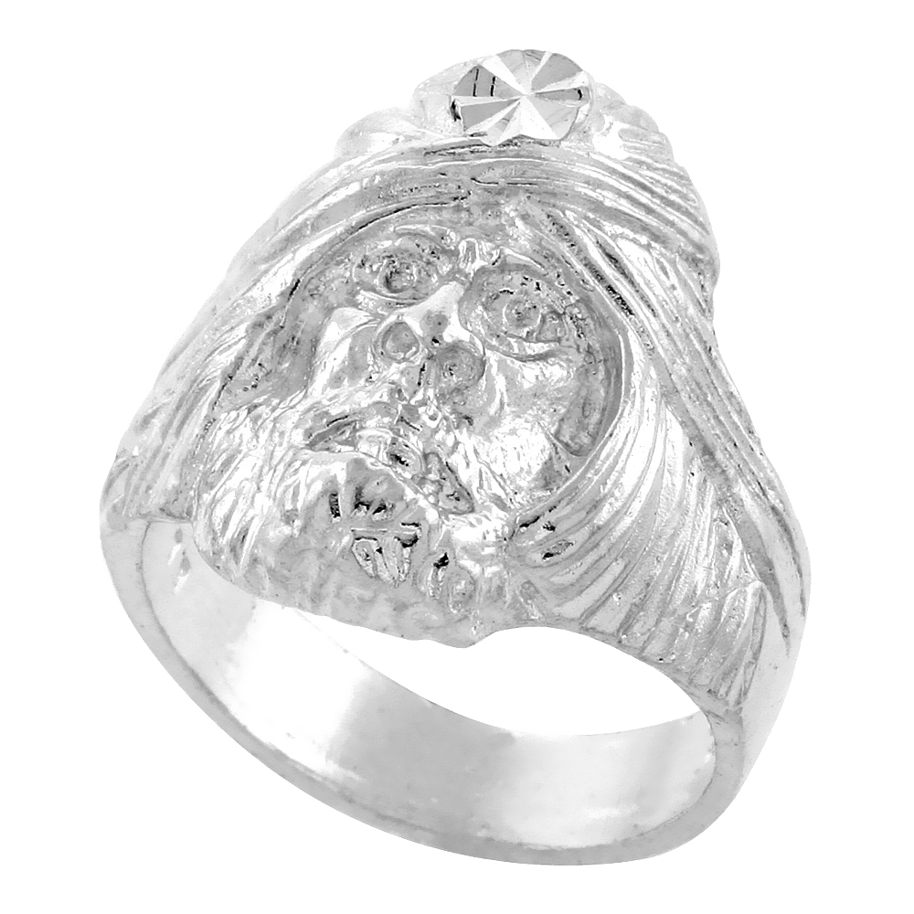 Sterling Silver Sorcerer Head Ring Diamond Cut Finish 15/16 inch wide, sizes 8 - 13