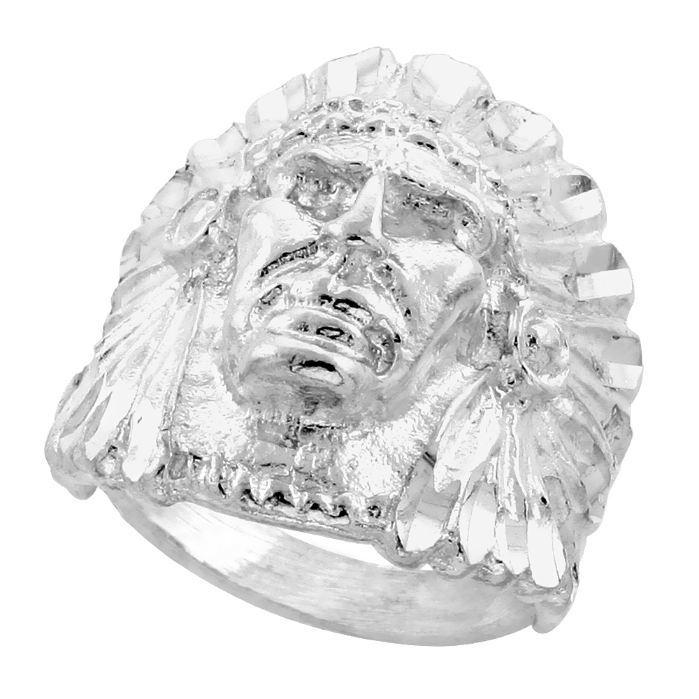 Sterling Silver Indian Head Ring Diamond Cut Finish 15/16 inch wide, sizes 8 - 13