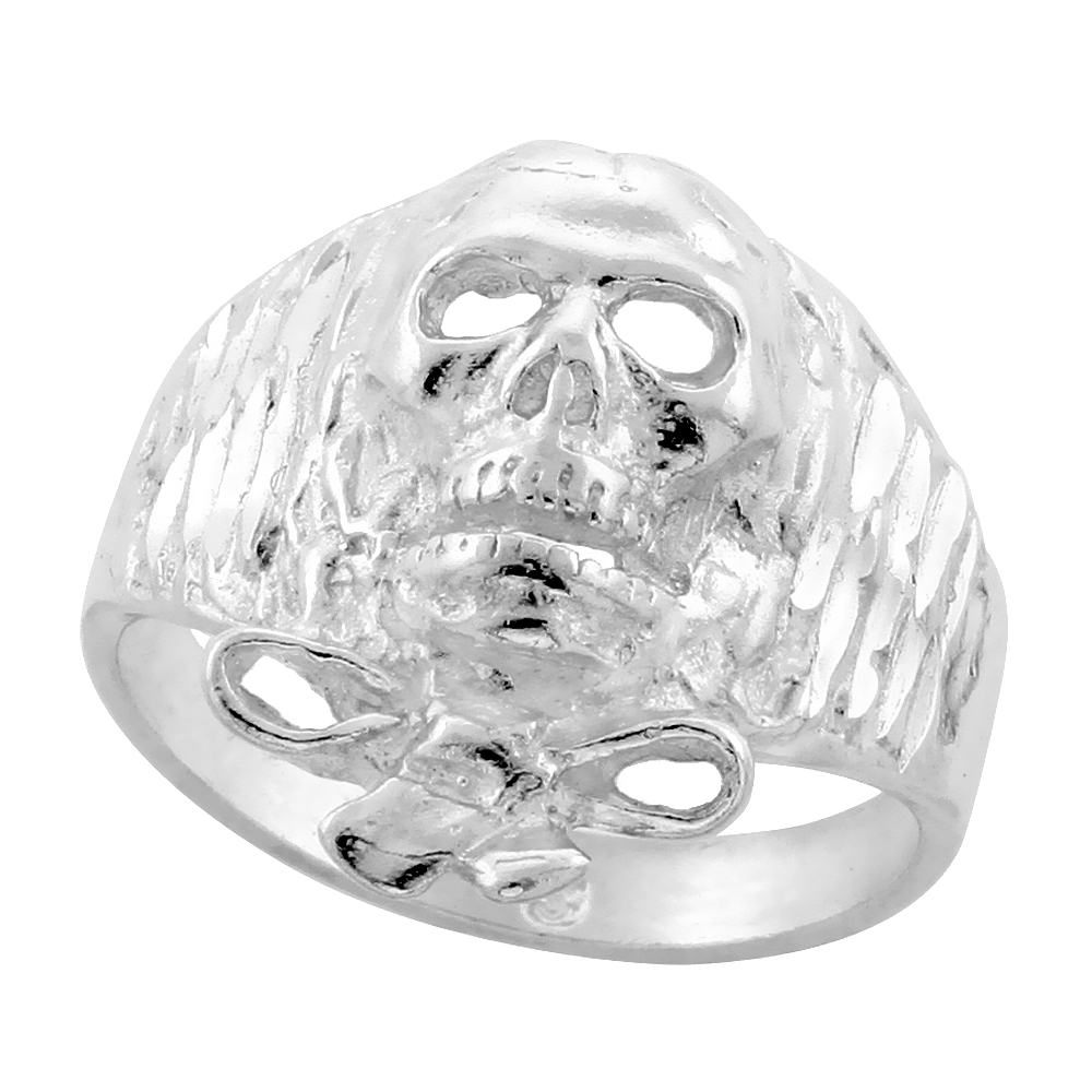 Sterling Silver Skull Ring Bow Tie Beard Diamond Cut Finish 13/16 inch wide, sizes 8 - 13