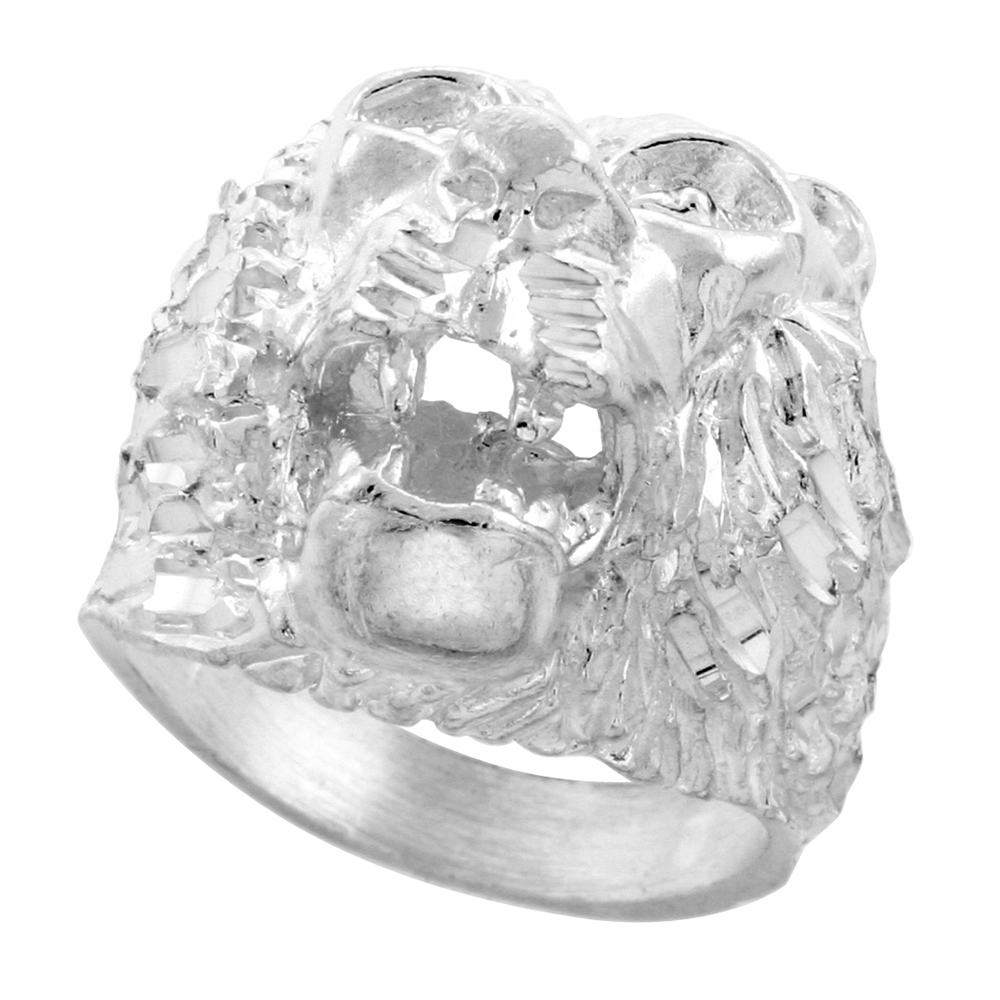 Sterling Silver Lion Ring Very Large Diamond Cut Finish 1 inch wide, sizes 8 - 13