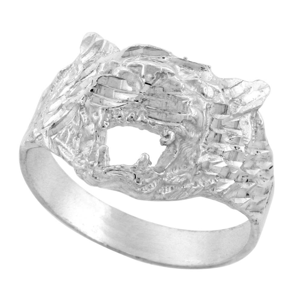 Sterling Silver Tiger Head Ring Diamond Cut Finish 3/4 inch wide, sizes 8 - 13