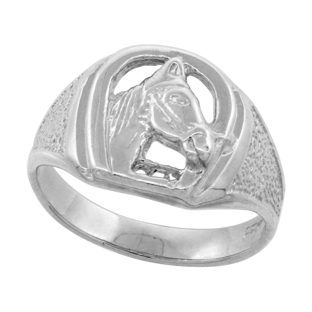 Sterling Silver Small Horseshoe Ring for Women Horse Head Polished Finish 1/2 inch wide sizes 8 - 13