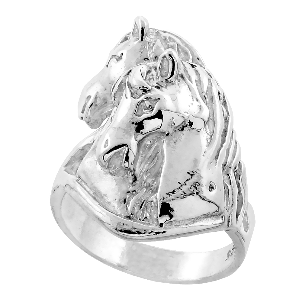 Sterling Silver Mare and Baby Horse Ring Diamond Cut Finish 15/16 inch wide, sizes 8 - 13