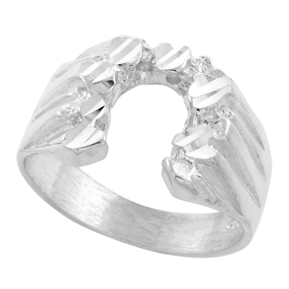 Sterling Silver Horseshoe Ring Nugget Pattern Diamond Cut Finish 9/16 inch wide, sizes 8 - 13