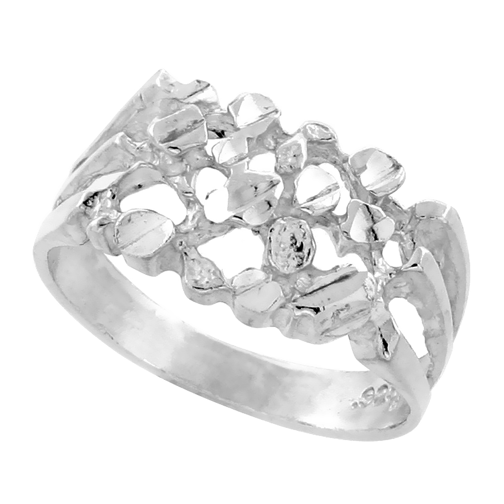 Sterling Silver Floral Nugget Ring Diamond Cut Finish 3/8 inch wide, sizes 8 - 13