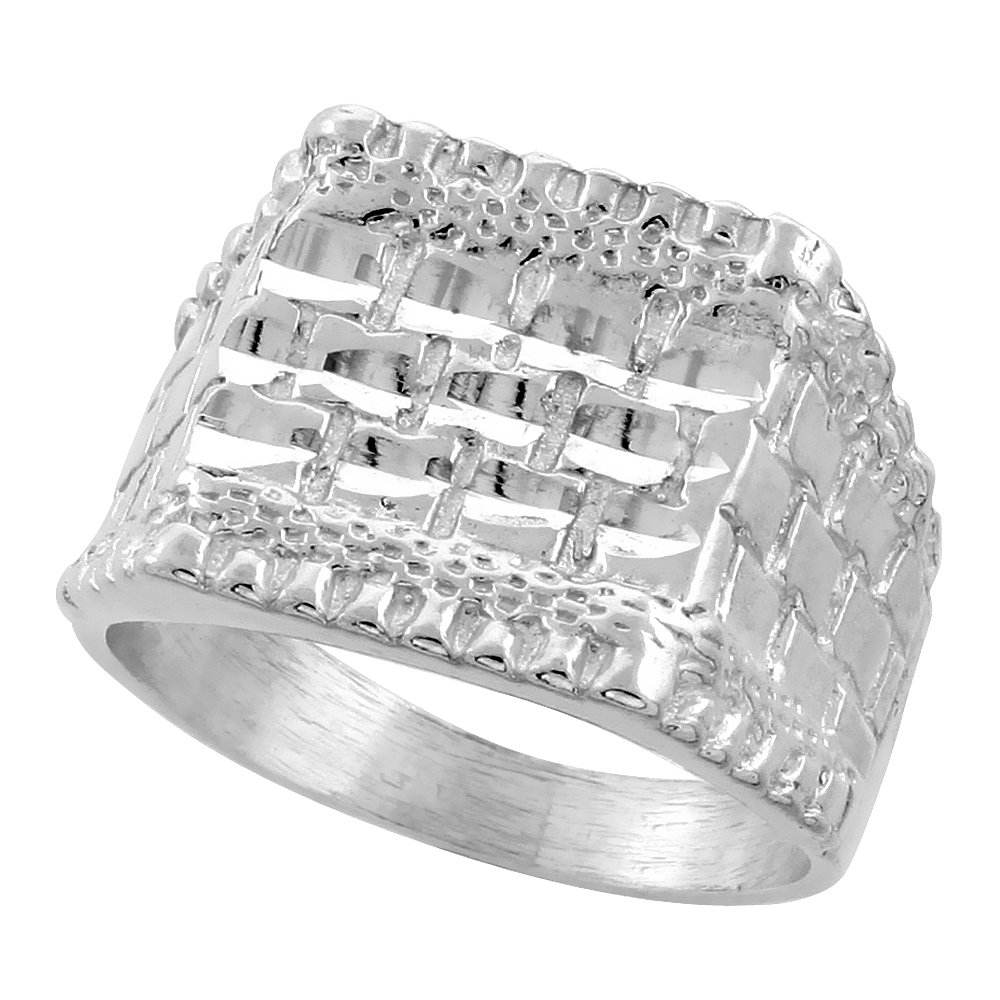 Sterling Silver Square Nugget Ring Diamond Cut Finish 11/16 inch wide, sizes 8 - 13