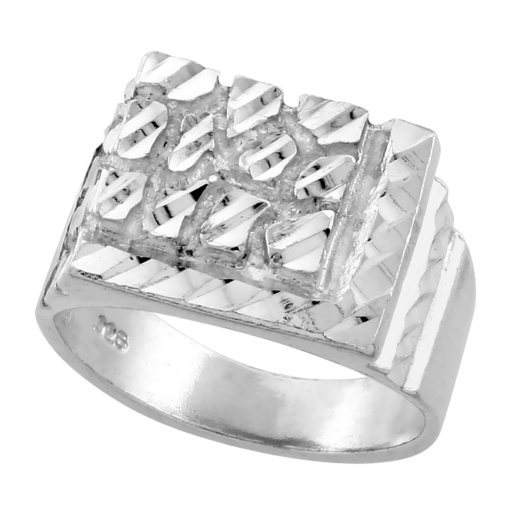 Sterling Silver Square Nugget Ring Diamond Cut Finish 9/16 inch wide, sizes 8 - 13