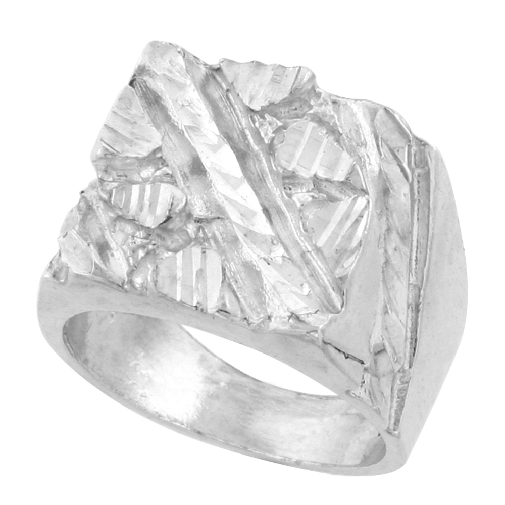 Sterling Silver Square Nugget Ring Diamond Cut Finish 5/8 inch wide, sizes 8 - 13