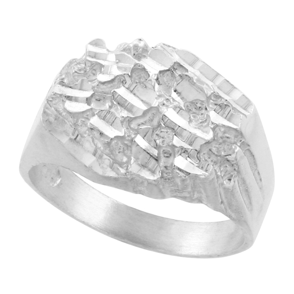 Sterling Silver Hexagonal Nugget Ring Diamond Cut Finish 9/16 inch wide, sizes 8 - 13