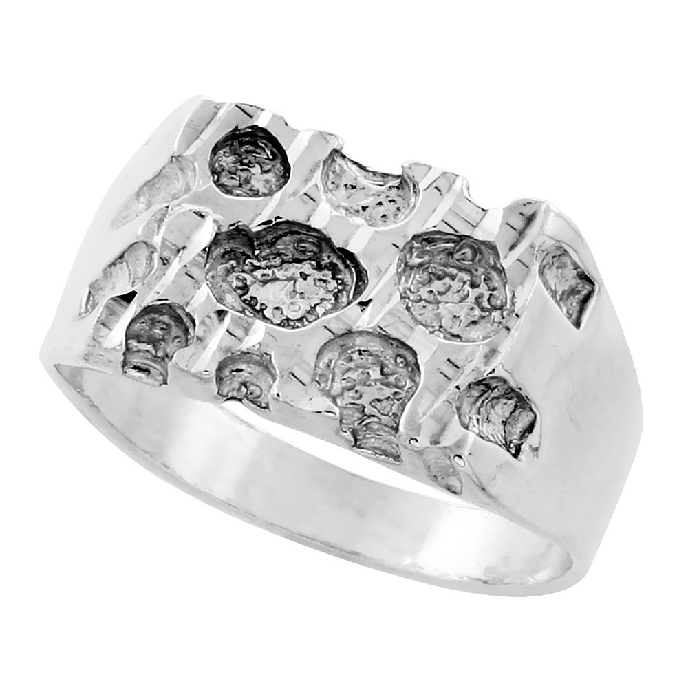Sterling Silver Square Nugget Ring Diamond Cut Finish 7/16 inch wide, sizes 8 - 13