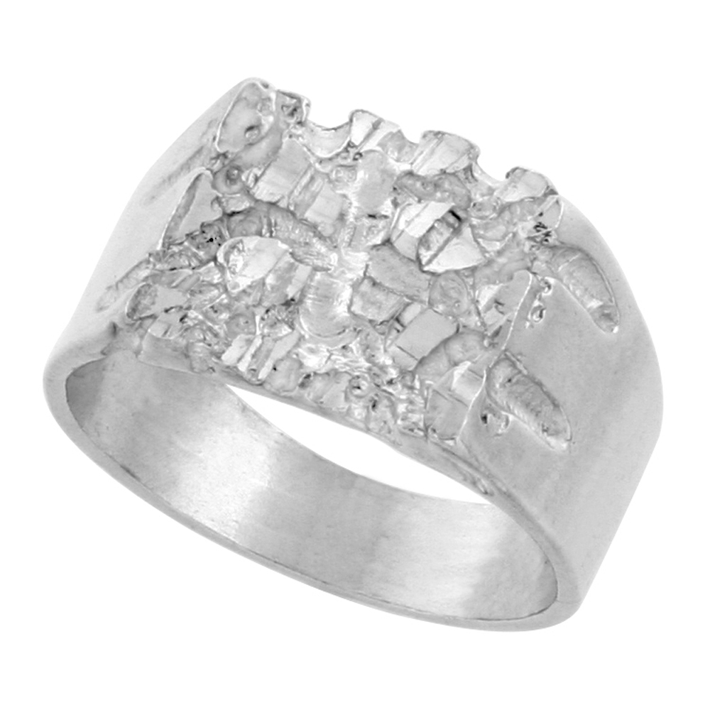 Sterling Silver Square Nugget Ring Diamond Cut Finish 1/2 inch wide, sizes 8 - 13