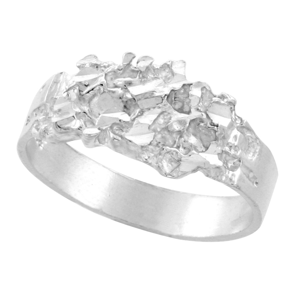 Sterling Silver Nugget Ring Diamond Cut Finish 7/16 inch wide, sizes 8 - 13