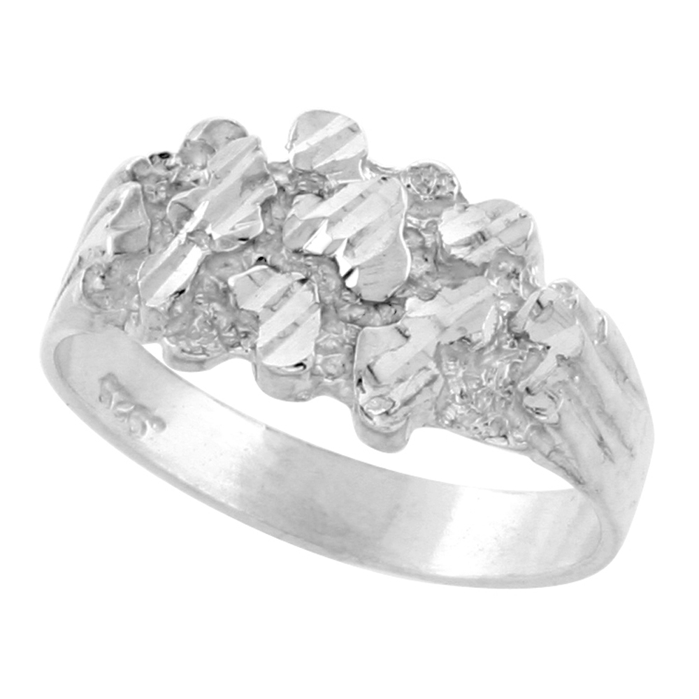 Sterling Silver Nugget Ring Diamond Cut Finish 7/16 inch wide, sizes 8 - 13
