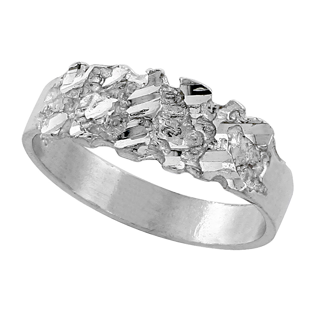 Sterling Silver Nugget Ring Diamond Cut Finish 3/8 inch wide, sizes 8 - 13