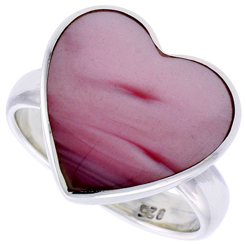 Sterling Silver Heart Ring w/ Pink Mother of Pearl, 5/8 inch (15 mm) wide