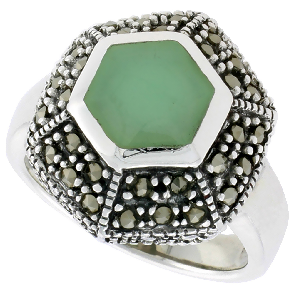 Sterling Silver Marcasite Ring for Women Hexagon Asorted Colors Oxidized Antiqued 3/4 inch