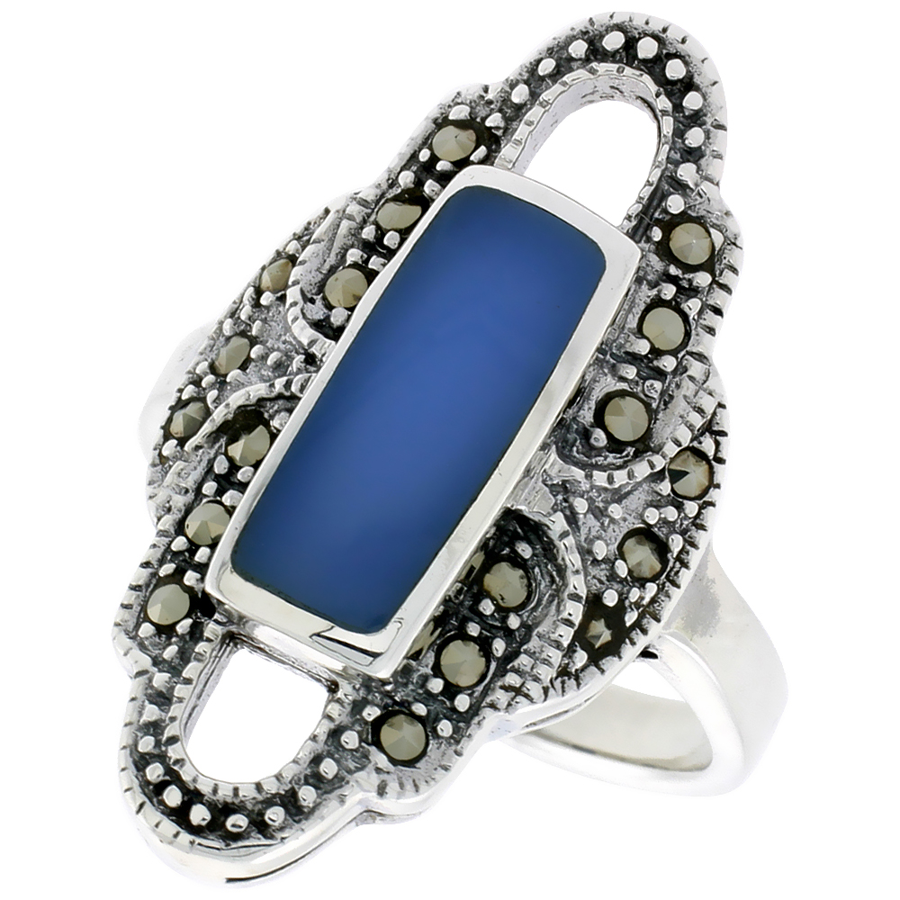 Sterling Silver Marcasite Ring for Women 14x6 mm Rectangular Asorted Colors Antiqued 1 1/8 inch