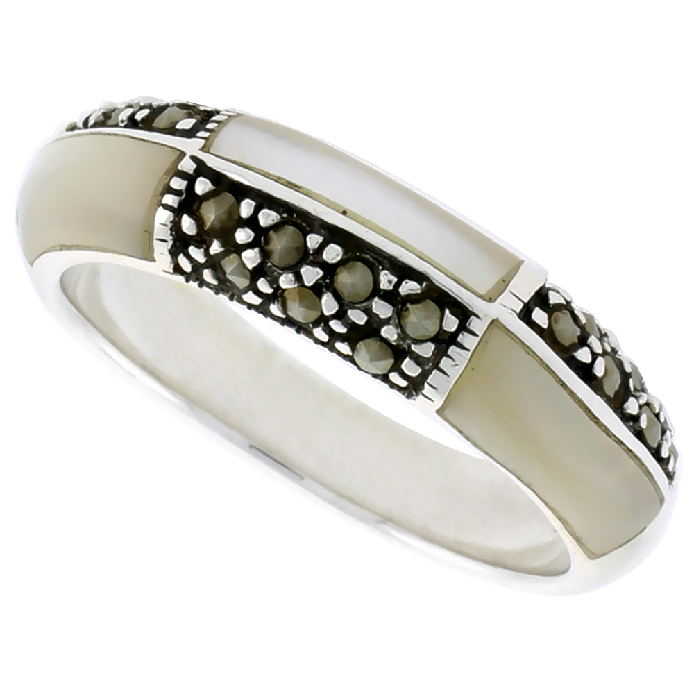 Sterling Silver Marcasite Ring for Women Domed Asorted Colors Oxidized Antiqued 1/4 inch