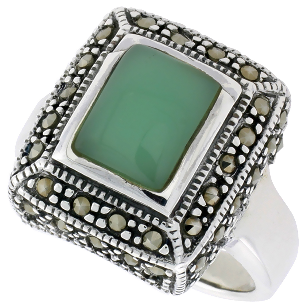 Sterling Silver Ring, w/ 10 x 8 mm Rectangular Green Resin, 3/4 inch (17 mm) wide