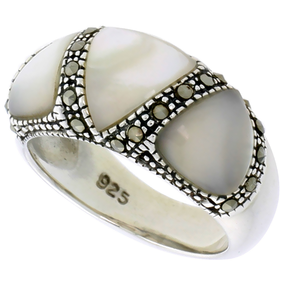 Sterling Silver Marcasite Ring for Women 3 Triangular Asorted Colors Oxidized Antiqued 3/8 inch
