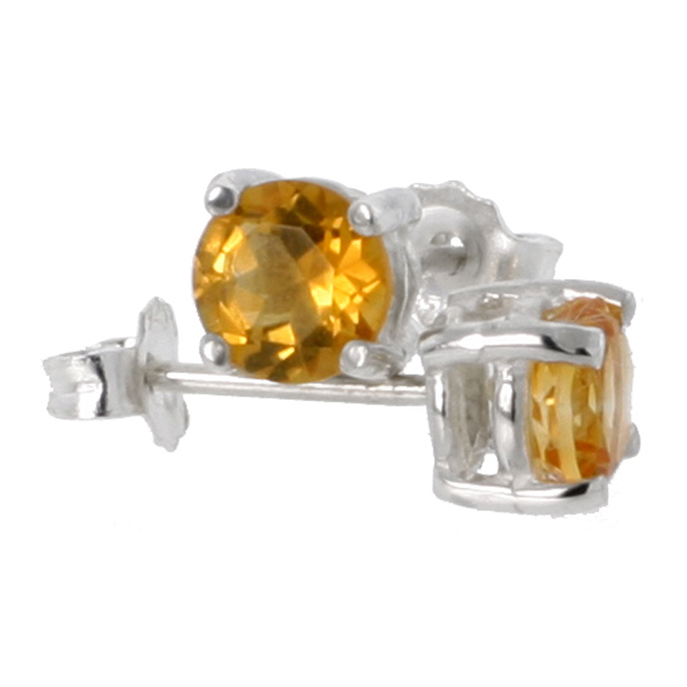 Sterling Silver Natural Citrine Stud Earrings 5mm Round Heavy Basket Setting