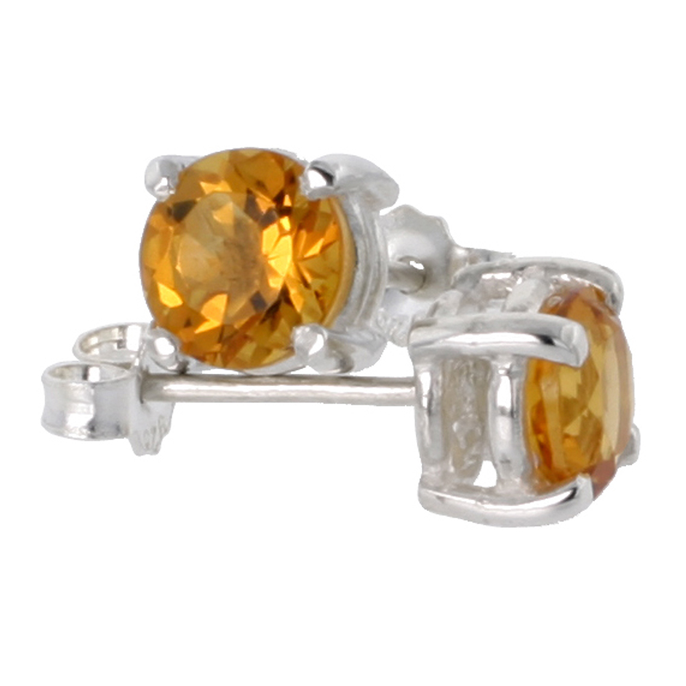 Sterling Silver Natural Citrine Stud Earrings 6mm Round Heavy Basket Setting