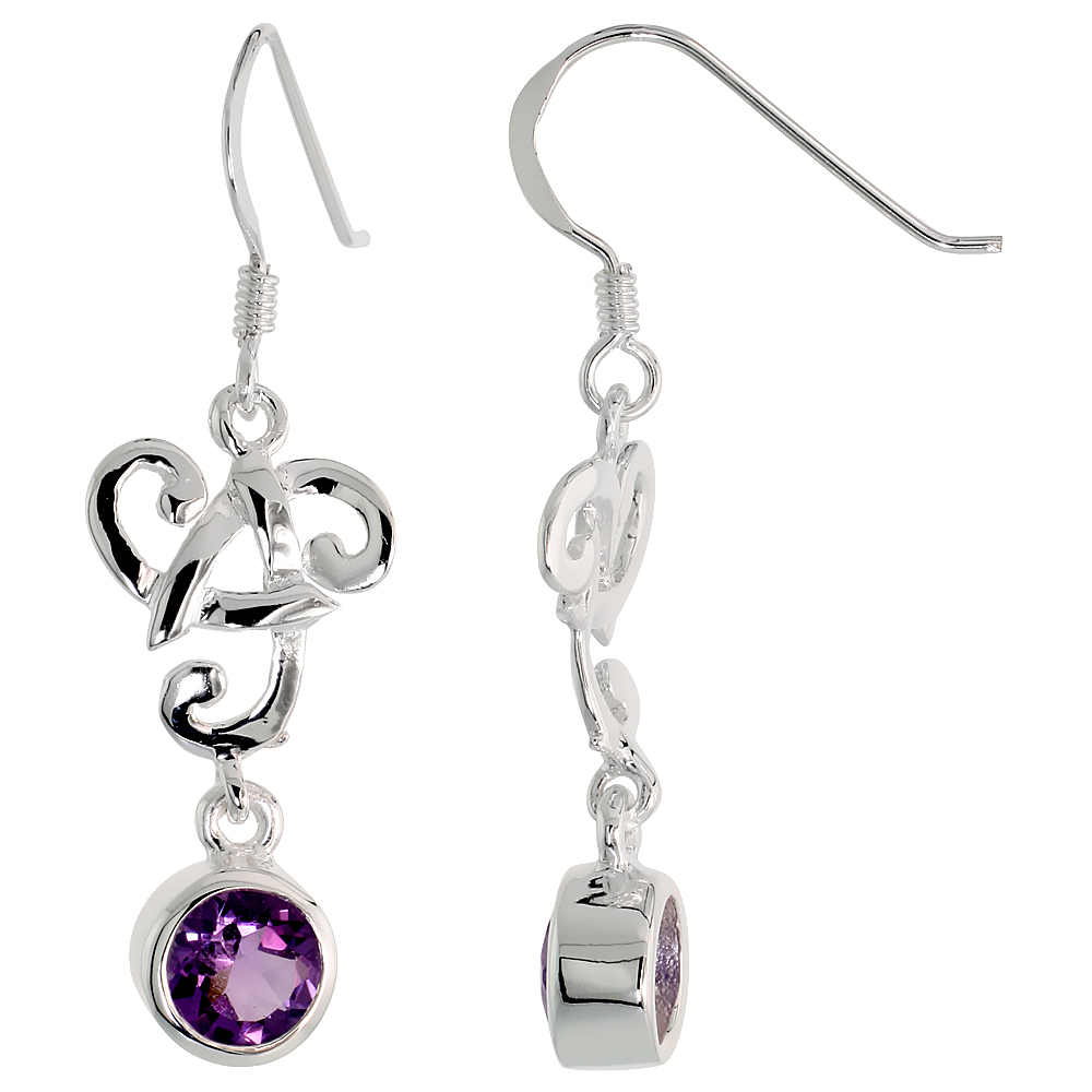 Sterling Silver Genuine Amethyst Triquetra Earrings Celtic Trinity Knot, 1 1/2 inch