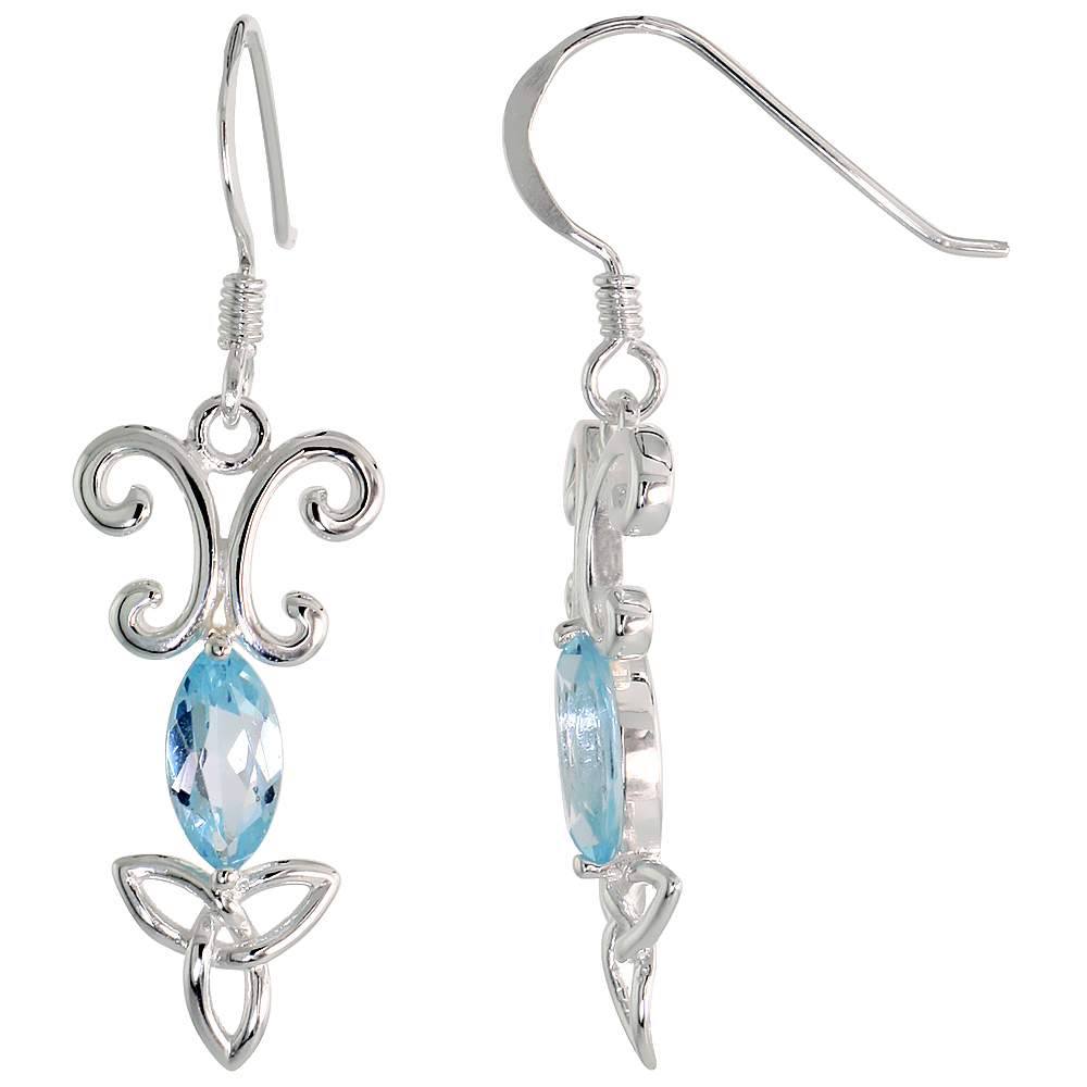 Sterling Silver Genuine Blue Topaz Triquetra Earrings Celtic Trinity Knot, 1 3/8 inch