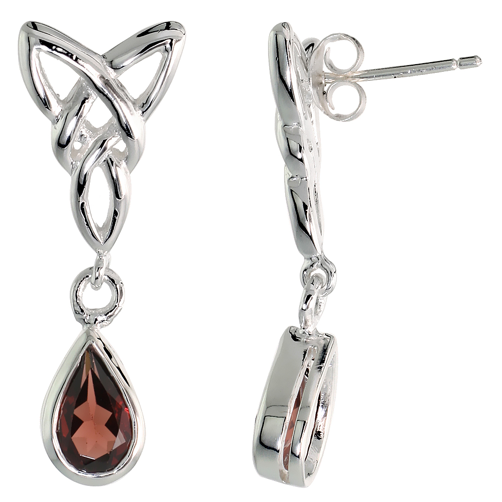 Sterling Silver Genuine Garnet Triquetra Earrings Celtic Trinity Knot Teardrop, 1 1/4 inch