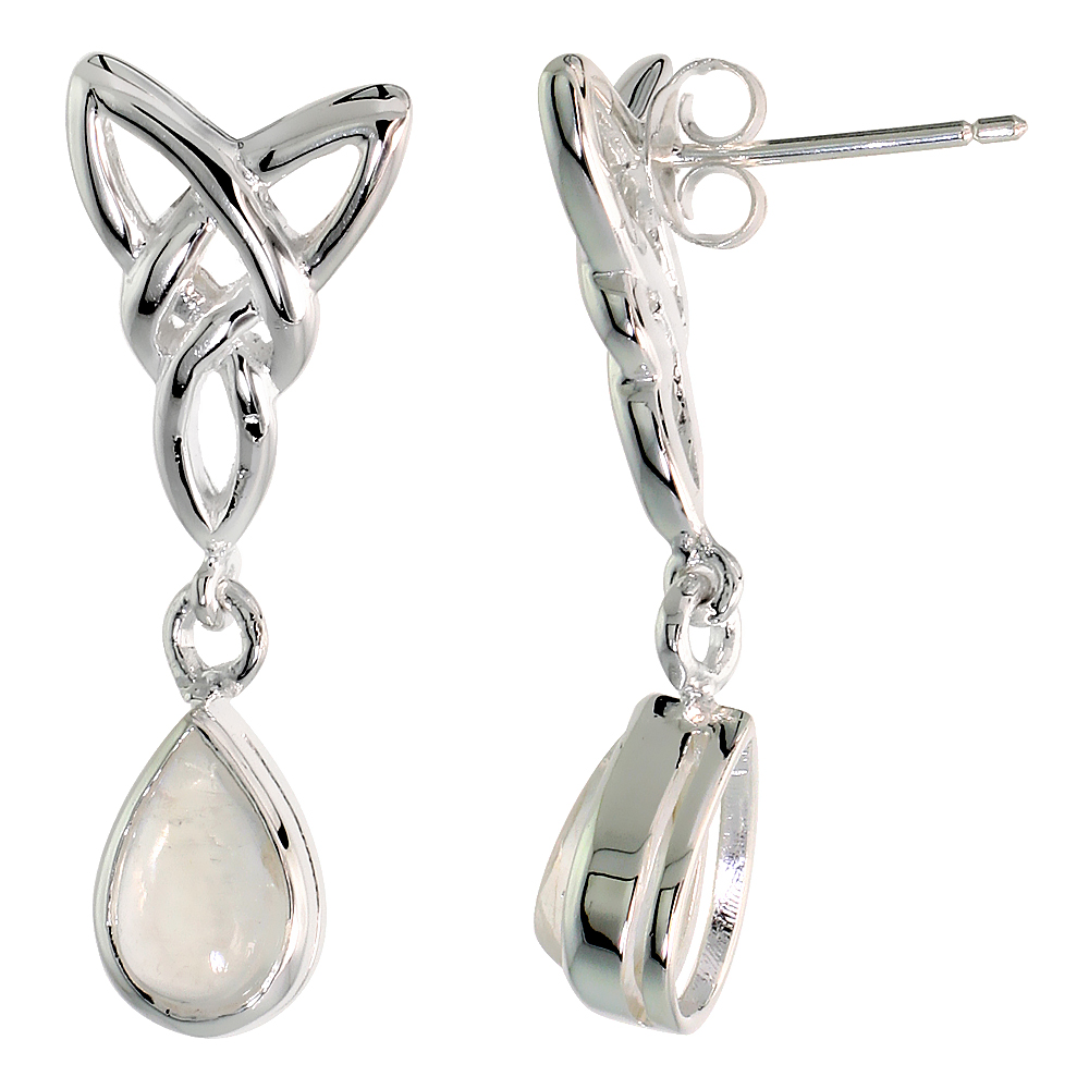 Sterling Silver Genuine Moonstone Triquetra Earrings Celtic Trinity Knot Teardrop, 1 1/4 inch