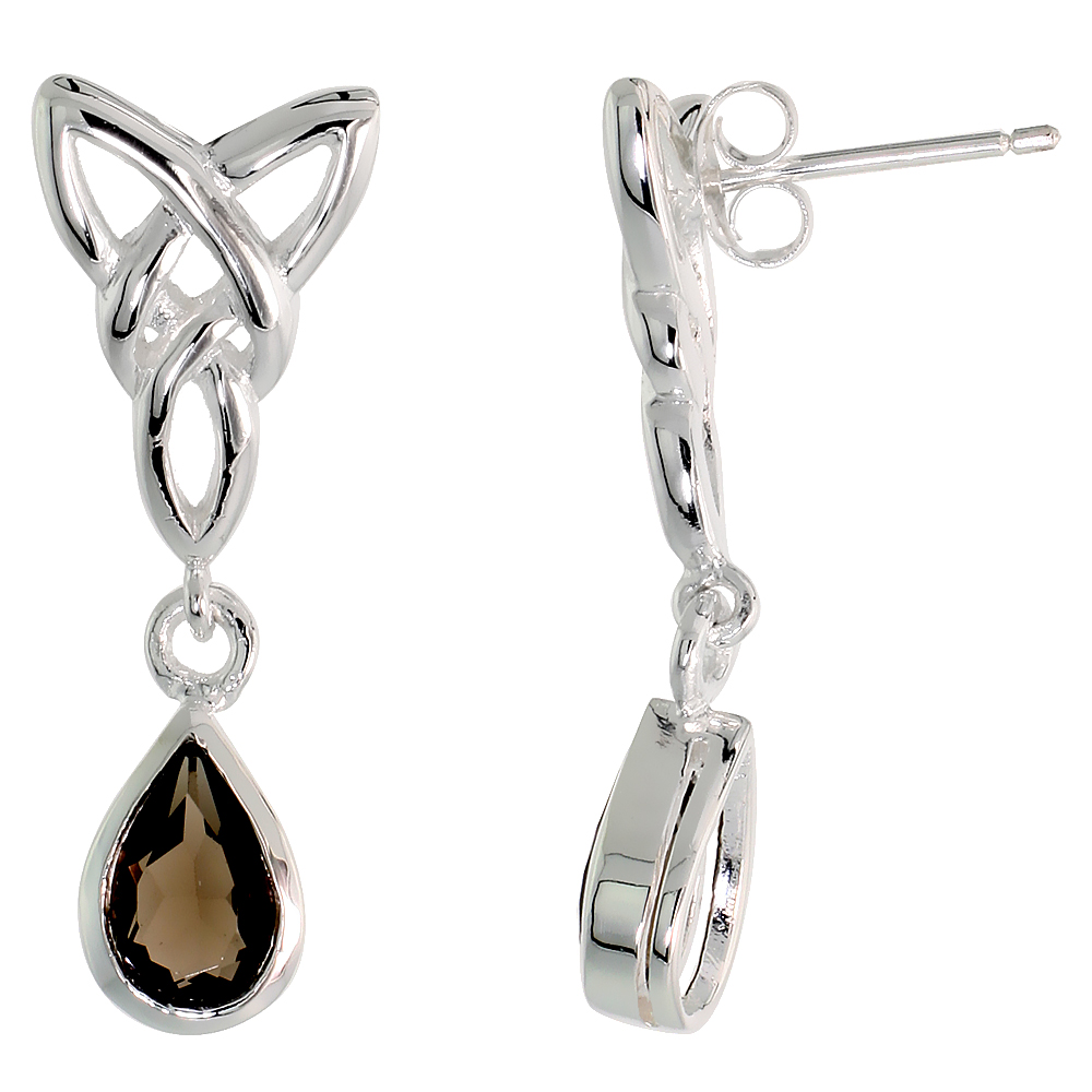 Sterling Silver Genuine Smoky Topaz Triquetra Earrings Celtic Trinity Knot Teardrop, 1 1/4 inch