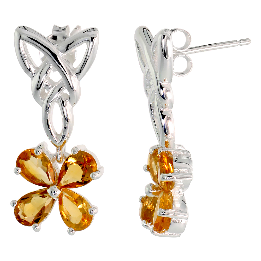 Sterling Silver Genuine Citrine Triquetra Earrings Celtic Trinity Knot 4 Leaf Clover, 1 inch