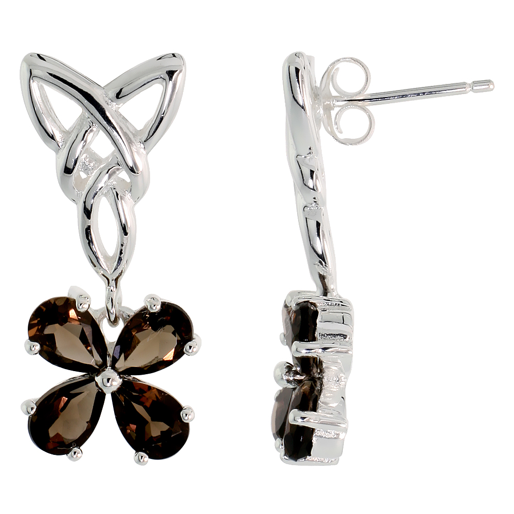 Sterling Silver Genuine Smoky Topaz Triquetra Earrings Celtic Trinity Knot 4 Leaf Clover, 1 inch