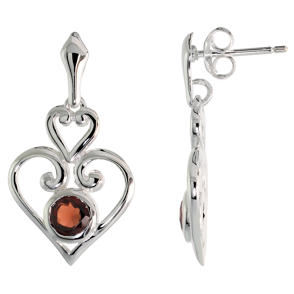 Sterling Silver Genuine Garnet Scroll Heart Earrings, 1 inch
