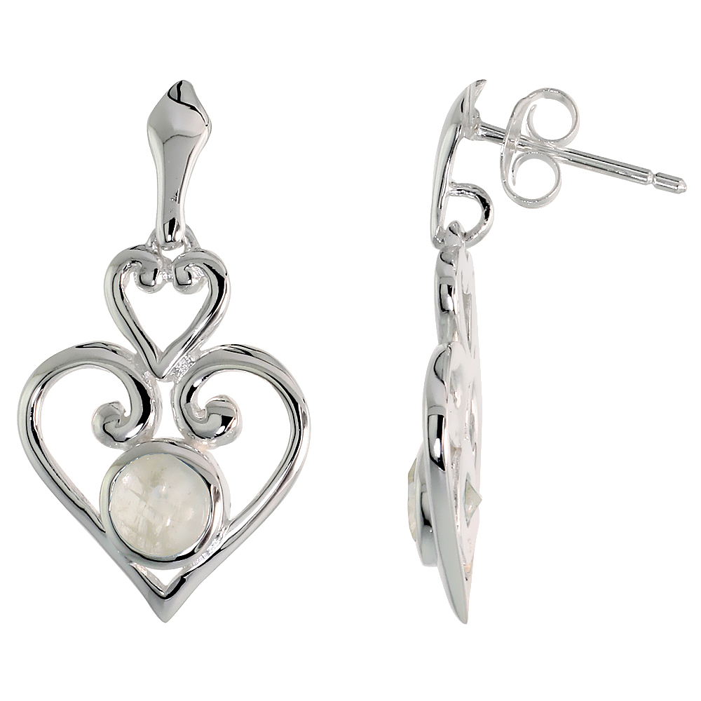 Sterling Silver Genuine Moonstone Scroll Heart Earrings, 1 inch