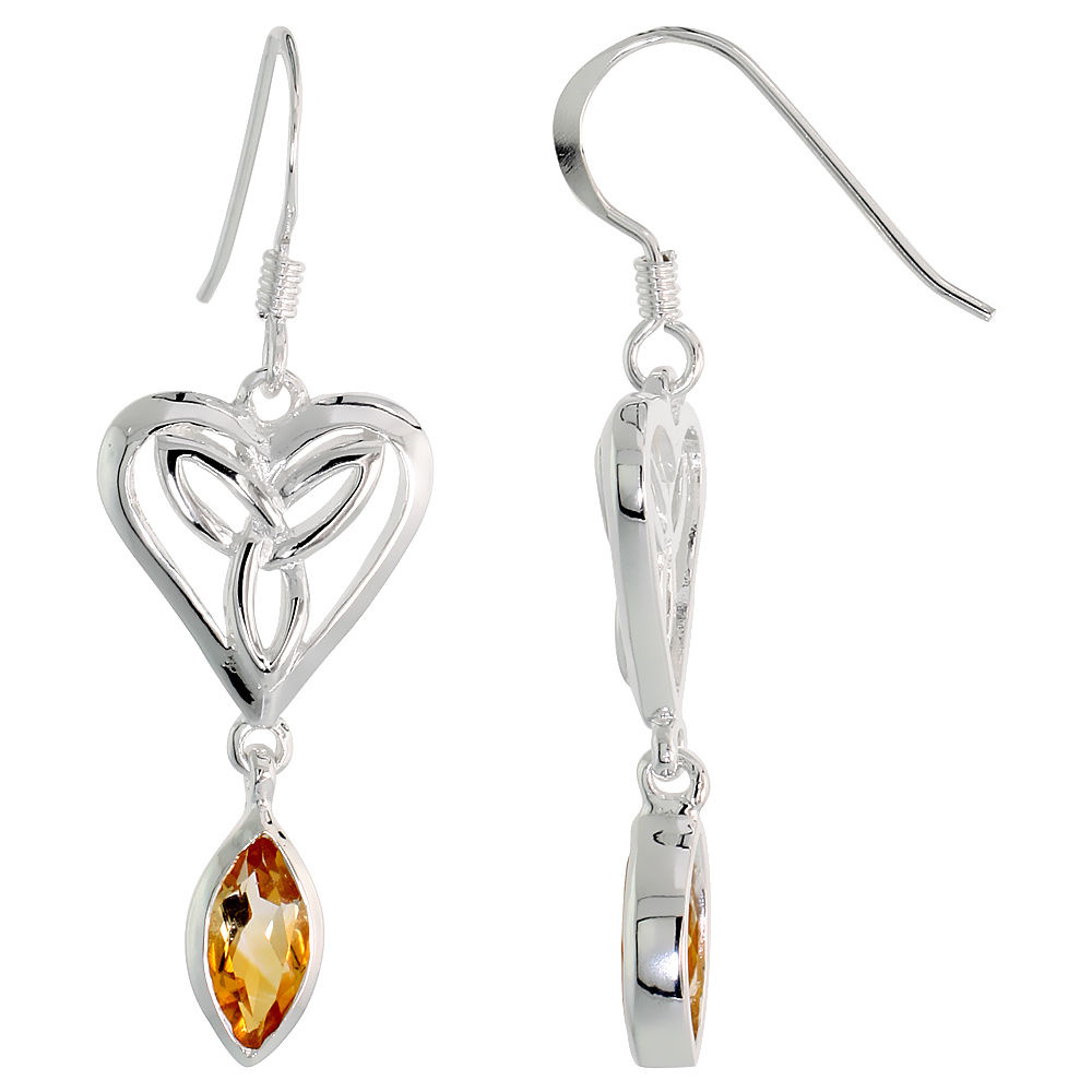 Sterling Silver Genuine Citrine Triquetra Earrings Celtic Heart, 2 inch
