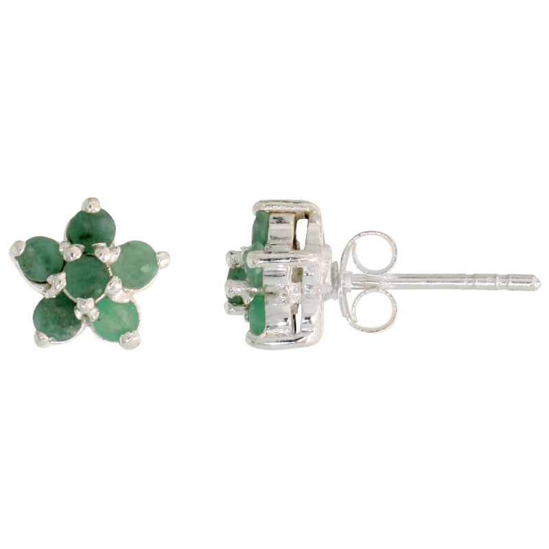 Sterling Silver Flower Cluster Natural Emerald Stone Stud Earrings, 5/16 in. (8 mm) tall