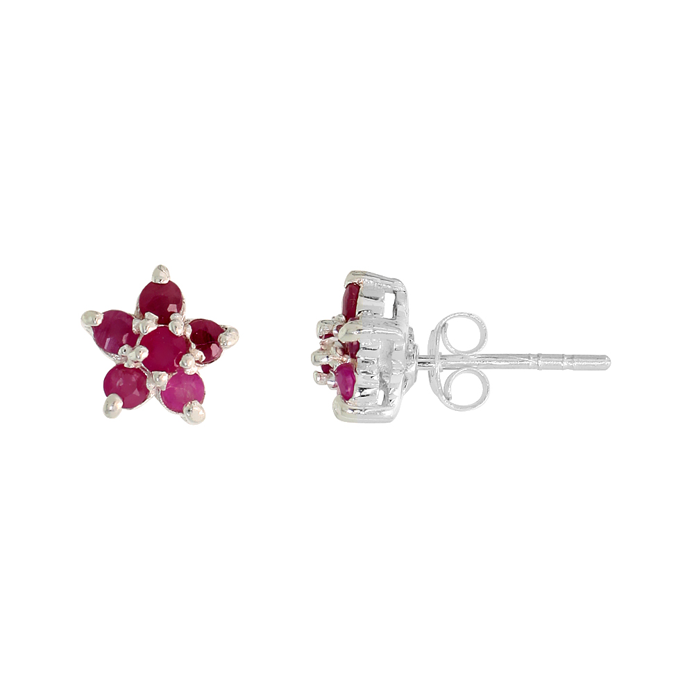 Sterling Silver Flower Cluster Natural Ruby Stone Stud Earrings, 5/16 in. (8 mm) tall