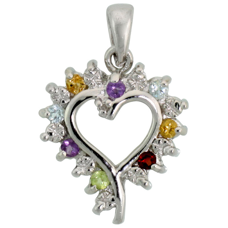 Sterling Silver Cut Out Heart Pendant w/ 3mm Brilliant Cut Natural Multi-Color Gem Stones, 3/4&quot; (19 mm) tall; w/ 18 in. Box Chain