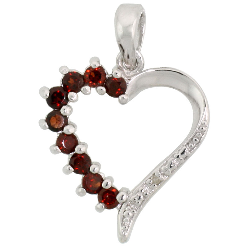 Sterling Silver Cut Out Heart Pendant w/ 2mm Brilliant Cut Natural Garnet Stones, 3/4" (19 mm) tall; w/ 18 in. Box Chain