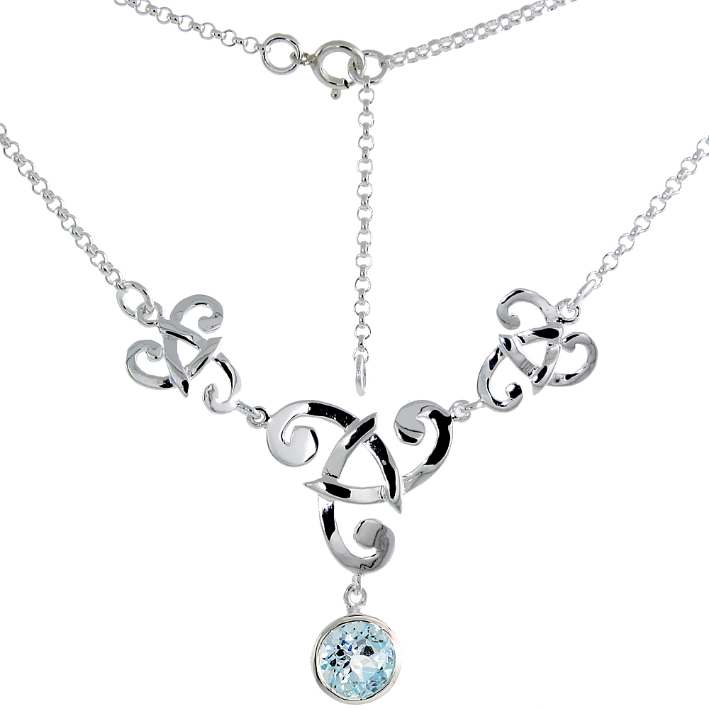 Sterling Silver Celtic Fish Trinity Triquetra Knot Necklace with Natural Blue Topaz, 16 inch long